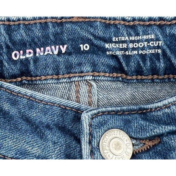 Old Navy Extra High Rise Kicker Boot Cut Denim Jeans Size 10 Blue Distressed - Picture 2 of 7